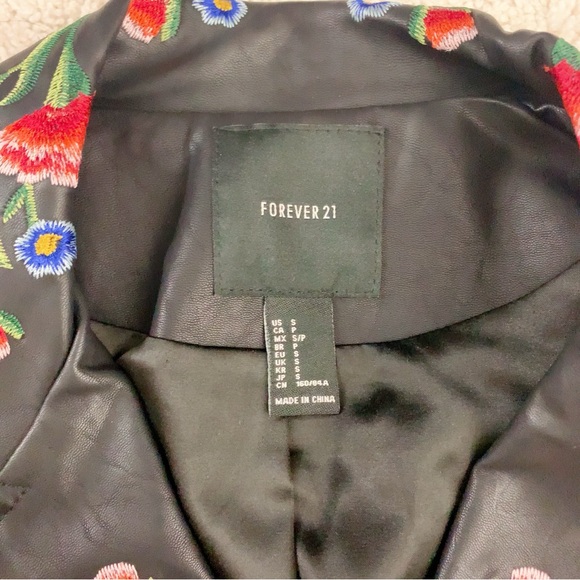 Floral Embroidered Black Faux Leather Biker Jacket - Picture 4 of 10